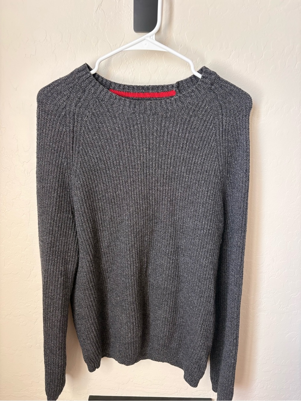 Banana Republic Men's Charcoal Gray Crewneck Sweater with Red Trim